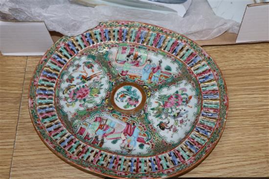 A Chinese famille rose basket and stand and a blue and white bowl, both a.f.